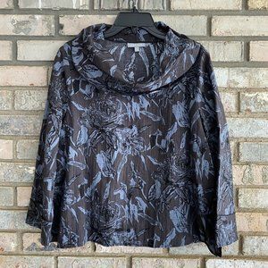 Habitat Cowl Neck Blouse Button Shirt Gray Floral Lagenlook Rayon Linen Small